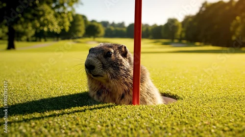 A small animal emerges from a golf hole, with a red flag marking the location. The scene features a vibrant green golf course and trees in the background.