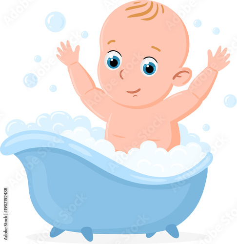 Happy baby enjoying playing in bubble bath