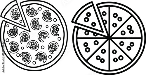 Stylized Black and White Outline Illustrations of Whole Pizzas with Detached Slices for Menu Design and Culinary Graphics