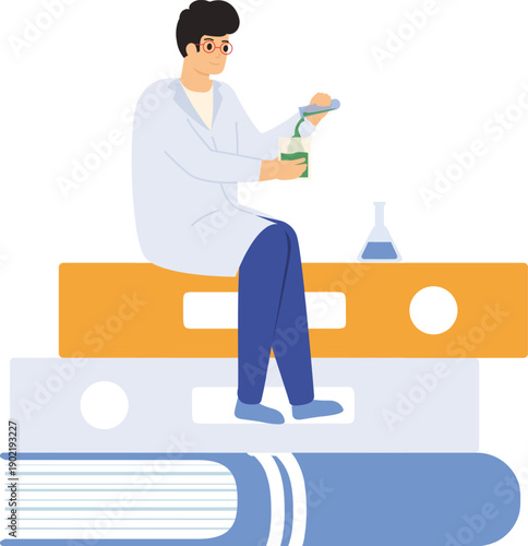 Scientist performing chemistry experiment studying on books