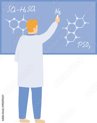 Scientist writing chemical formulas on blackboard