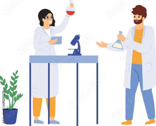 Scientists collaborating on chemistry experiment in laboratory