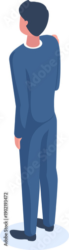 Man feeling shoulder pain looking back isometric illustration