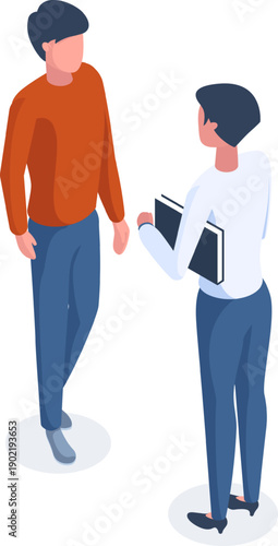 Two people standing talking discussing professional matters