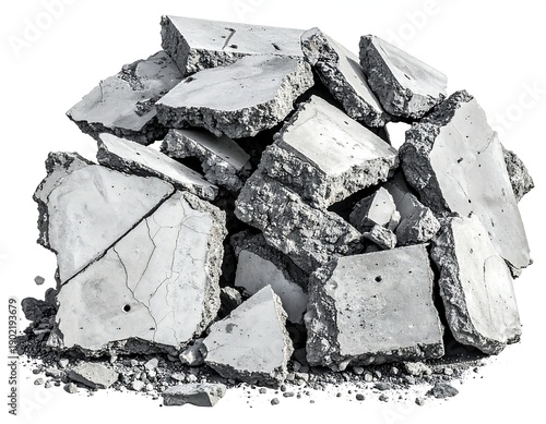 Stack of broken gray concrete pieces against white backdrop