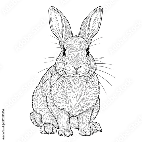 Cute Fluffy Rabbit Sitting Line Art - Detailed Bunny Hare Wildlife Garden Vector