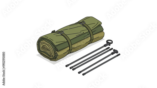 A Military Tent Folded Neatly With Poles, Minimal Illustration, on a White Background