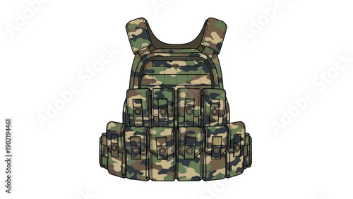 Camouflage Tactical Vest With Multiple Ammo Pouches and Accessory Straps for Military Field Gear.