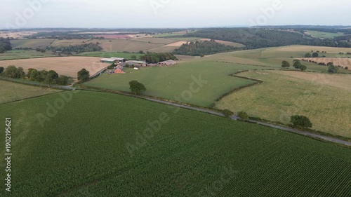 Aerial drone footage pushing in over a rural sheep farm in Derbyshire, England, showing fields and livestock for agriculture, rural business, sustainability, and countryside establishing use.