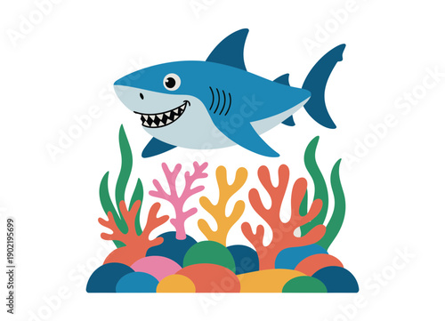 A colorful cartoon shark swimming above coral reef in ocean water