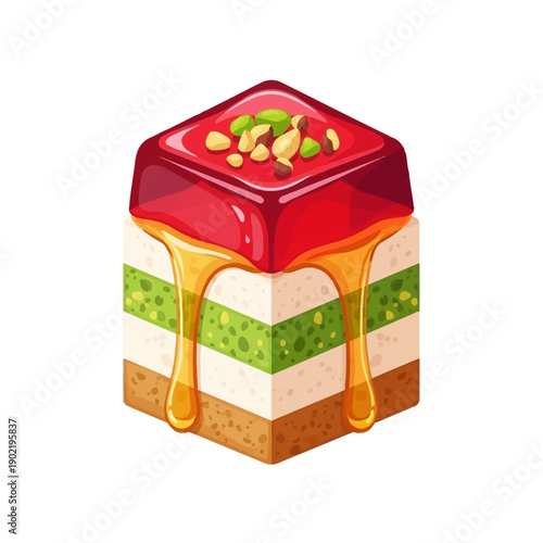 Delicious cubed dessert with dripping glaze and nuts