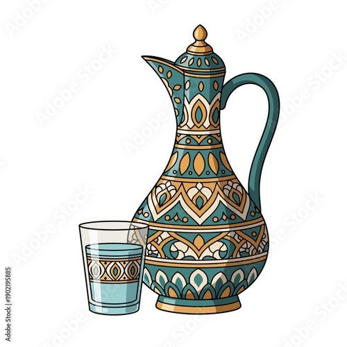 Decorative pitcher and glass with water for drinks