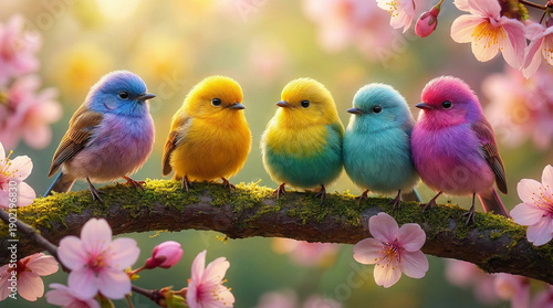 Five fluffy and vibrant multi-colored songbirds perched closely together on a mossy branch surrounded by blooming pink cherry blossoms and glowing soft spring sunlight.
