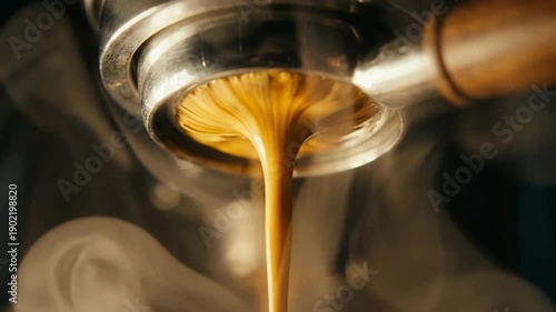 Fragrant hot espresso pouring from a coffee machine's bottomless portafilter, with rich crema and rising steam creating a warm, inviting atmosphere for a perfect morning beverage