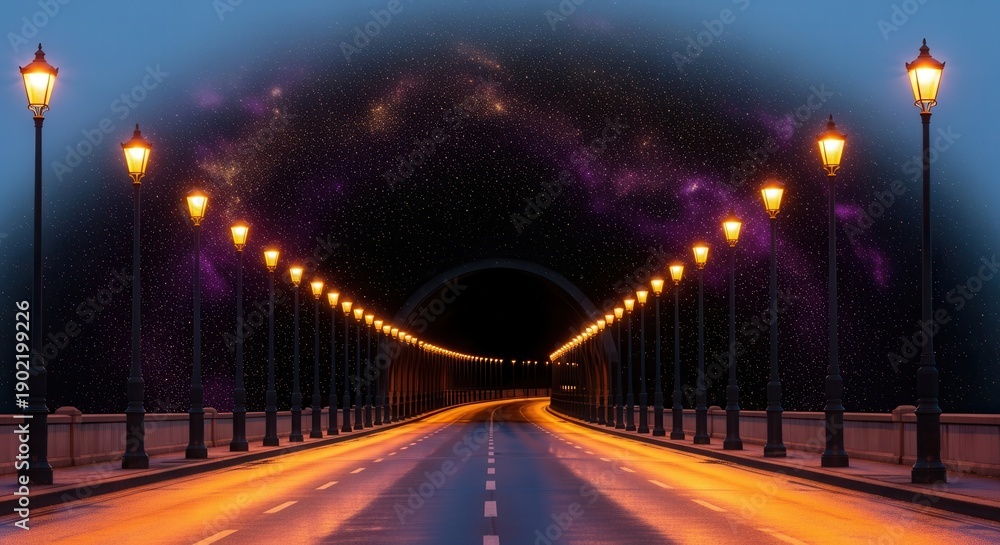 Fototapeta premium Empty Bridge at Night with Streetlights.