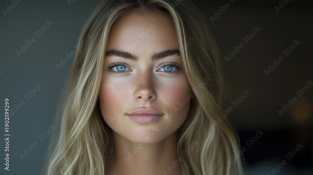 Close-up portrait of a light-skinned woman with blonde hair and blue eyes