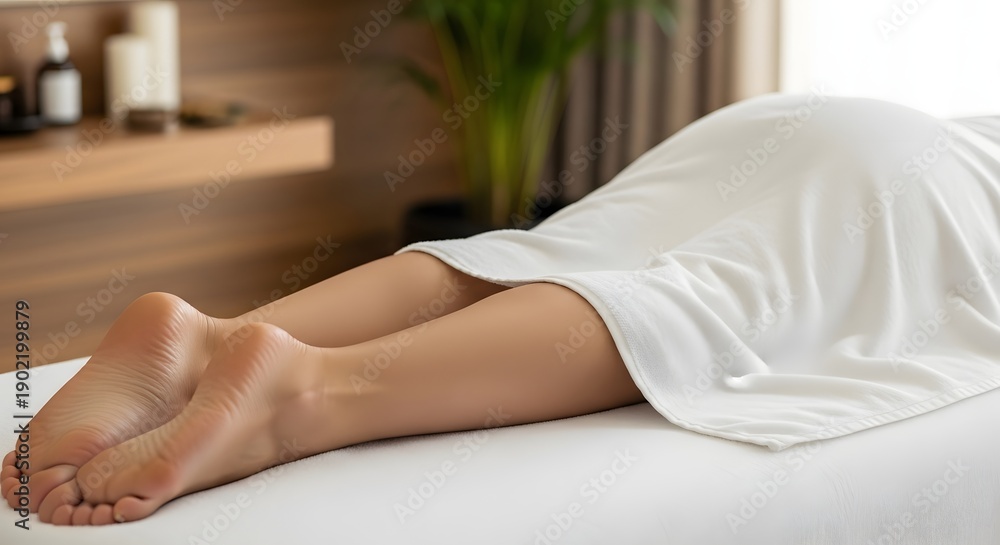 Fototapeta premium Soft towel laid across the client's legs during a massage session for a serene relaxation concept, emphasizing comfort and wellness