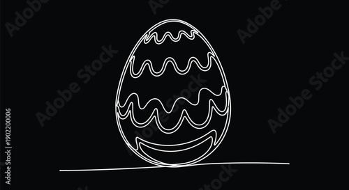 Minimalist continuous line art drawing depicts a stylized decorative easter egg standing upright on a simple horizontal line against a stark black background.