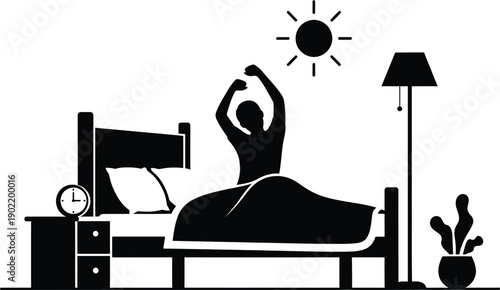 Person waking up in modern bedroom with morning sunlight