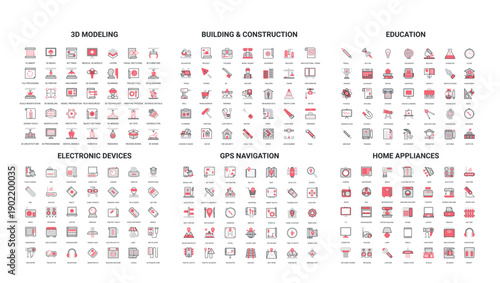 Comprehensive collection of modern line icons covering 3D modeling, construction, education, electronics, GPS, and home appliances isolated on white background vector illustration