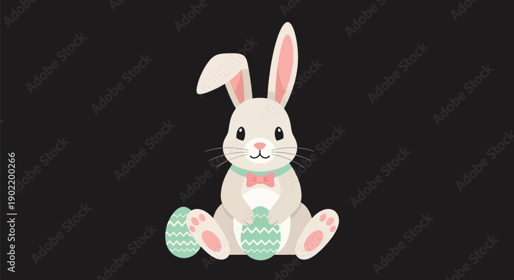 Obraz premium Cute cartoon easter bunny character sitting down while holding a decorative painted egg against a plain dark background for holiday design
