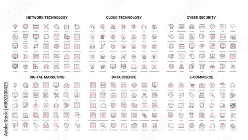 Comprehensive set of modern line icons covering network technology, cloud, cybersecurity, digital marketing, data science, e-commerce for web, apps, presentations, and infographics vector illustration