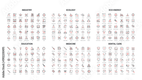 Comprehensive collection of modern line icons covering industry, ecology, eco energy, education, medicine, dental care for web, apps, infographics, presentations isolated vector illustration