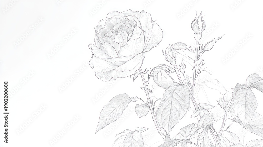 Fototapeta premium Delicate, grayscale rose sketch on a light background