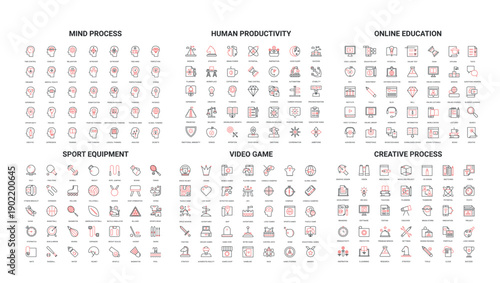 Collection of modern line icons covering mind process, human productivity, online education, sport equipment, video game, creative process, isolated vector illustration
