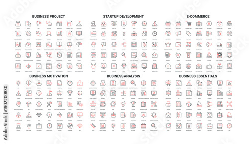 Minimalist business icons in red and black line style covering project management, startup, e-commerce, analysis, motivation, essentials isolated on white background vector illustration