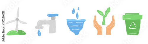 Environmental protection icons set. Vector doodle icons isolated on white background.
