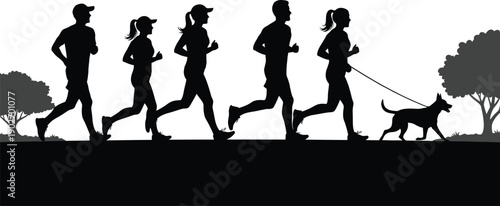Group of people jogging together in city park with dog
