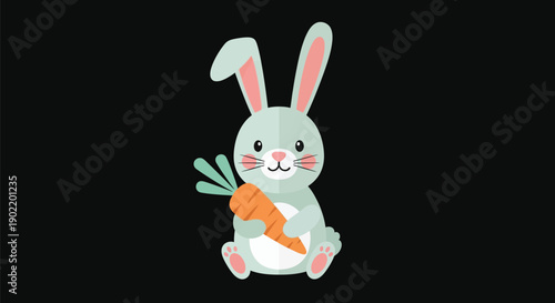 Adorable cartoon illustration of a sweet light gray rabbit character sitting down while happily clutching a large bright orange carrot in its small paws