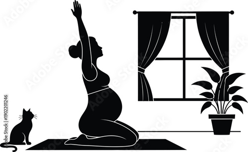 Pregnant woman practicing yoga with cat by window