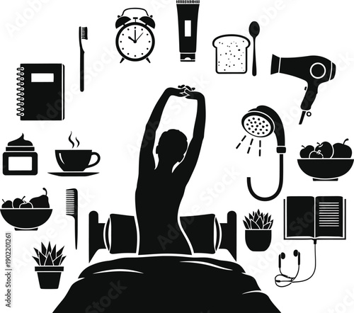 Woman stretching in bed surrounded by morning routine essentials