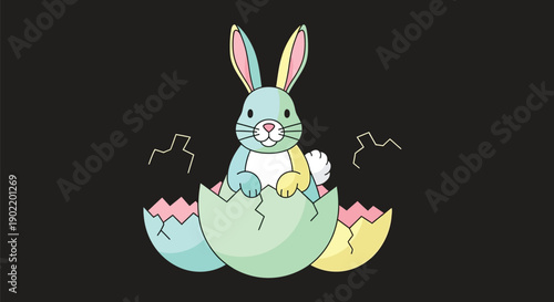 Adorable pastel colored baby bunny rabbit cheerfully emerging from a cracked multicolored easter egg illustration set against a dark background