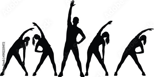 Group of people exercising in various yoga poses