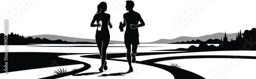 Couple jogging together in serene natural landscape