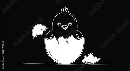 Adorable one line drawing depicting a freshly hatched baby chick emerging from a broken eggshell in minimalist artistic style against a stark black background