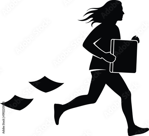 Woman running with book in hand, dynamic silhouette illustration