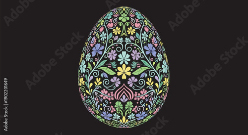 Intricately decorated colorful easter egg with ornate pastel floral patterns stands out against a solid dark background in celebration of spring.