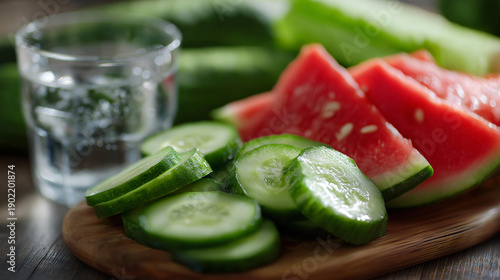 Hydrating foods replenishment, defocused water-dense foods background, cucumbers watermelon celery, replenishing fluids boosting hydration, body functioning optimally, with copy
