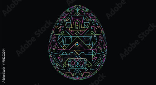 Abstract neon geometric line art pattern illuminating a digital easter egg shape against a stark black background emphasizing holiday creativity