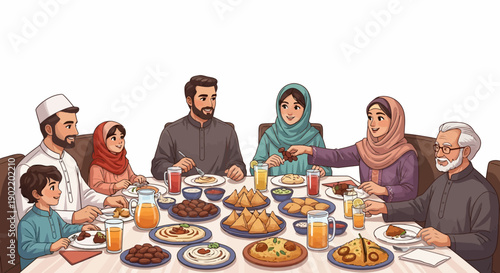 A Muslim family gathers around a table for iftar, breaking their fast during Ramadan with traditional foods and drinks.