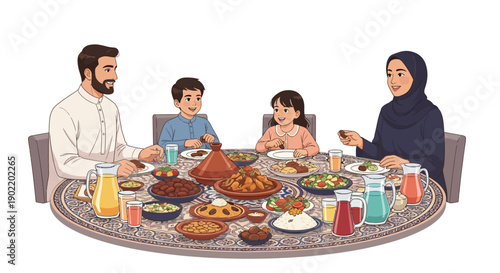 Illustration of a Muslim family sharing a meal together at a table with traditional iftar foods and drinks during Ramadan.