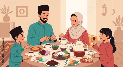 A Muslim family enjoys a traditional iftar dinner together at home with a variety of dishes and warm atmosphere during Ramadan.