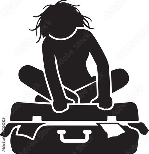 silhouette of a person struggling to close an overfilled suitcase