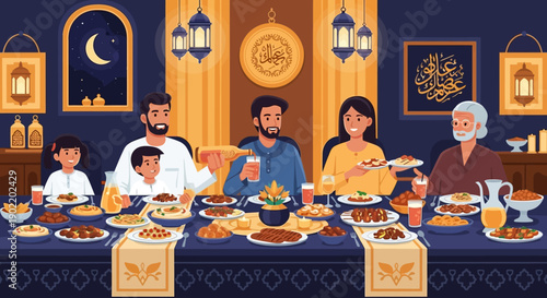 Illustration of a Muslim family sharing a meal together at an iftar dinner during Ramadan, with traditional food and decorations in a warm and cozy home setting.