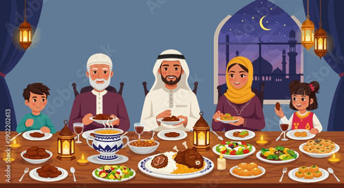 A Muslim family breaks their fast together during Ramadan, sharing a meal with traditional foods and drinks in a modern home.