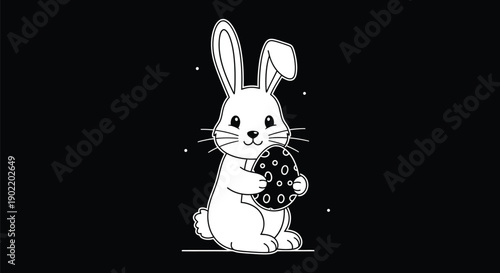 Cute black and white line art drawing of a happy Easter bunny holding a decorated egg illustration perfect for holiday designs